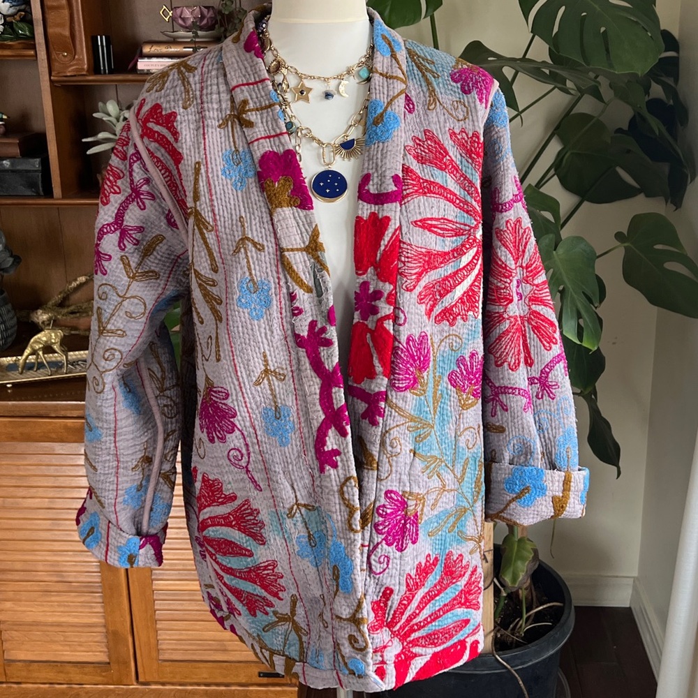 She’s1Oak Fine Kantha Suzani Embroidered Multicolor Short Jacket Kimono XS-L - Picture 13 of 16